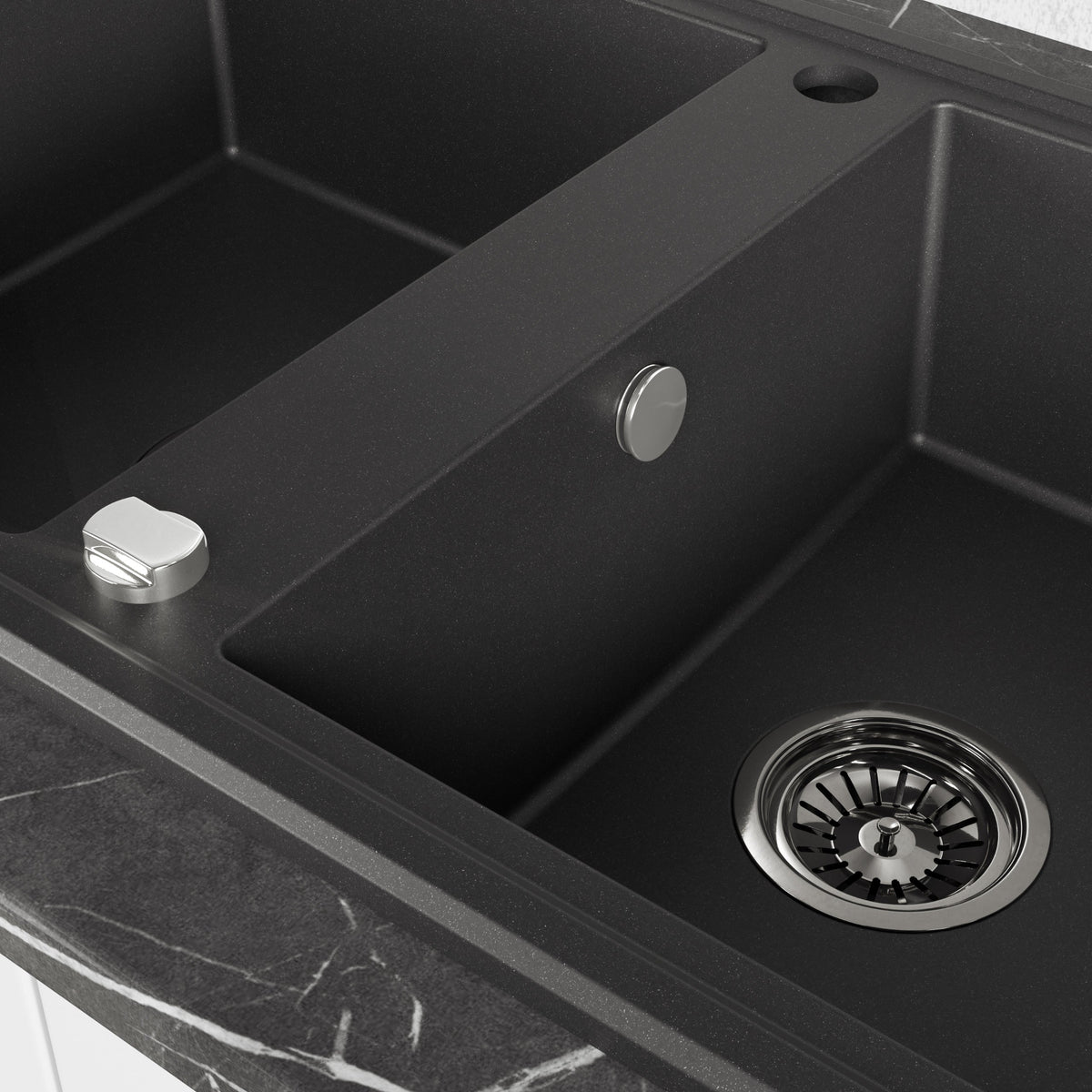 Laveo Megalo double-bowl granite kitchen sink with drainer in Monochrome Black – bowl and overflow detail – SBE_721B