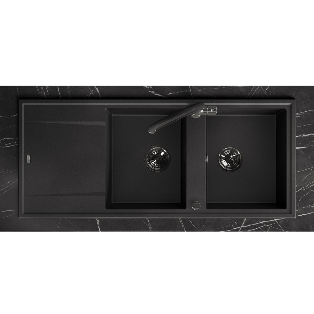 Laveo Megalo double-bowl granite sink with drainer in Black – overhead installation view – SBE_721T