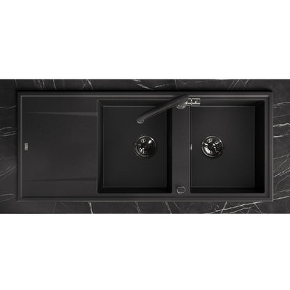 Laveo Megalo double-bowl granite sink with drainer in Black – overhead installation view – SBE_721T