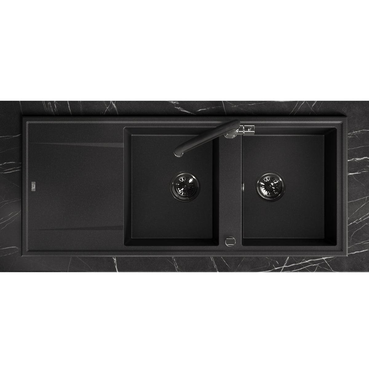 Laveo Megalo double-bowl granite kitchen sink with drainer in Monochrome Black – overhead installation view – SBE_721B