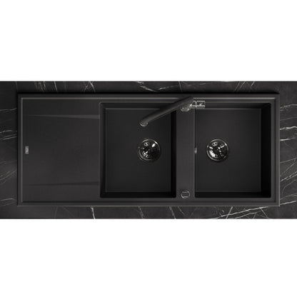Laveo Megalo double-bowl granite kitchen sink with drainer in Monochrome Black – overhead installation view – SBE_721B