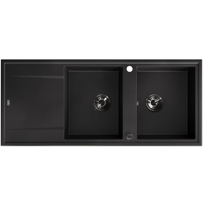 Laveo Megalo double-bowl granite kitchen sink with drainer in Monochrome Black – top product view – SBE_721B