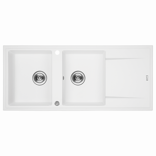 Laveo Megalo Granite Sink 2 Bowl with Drainer - White