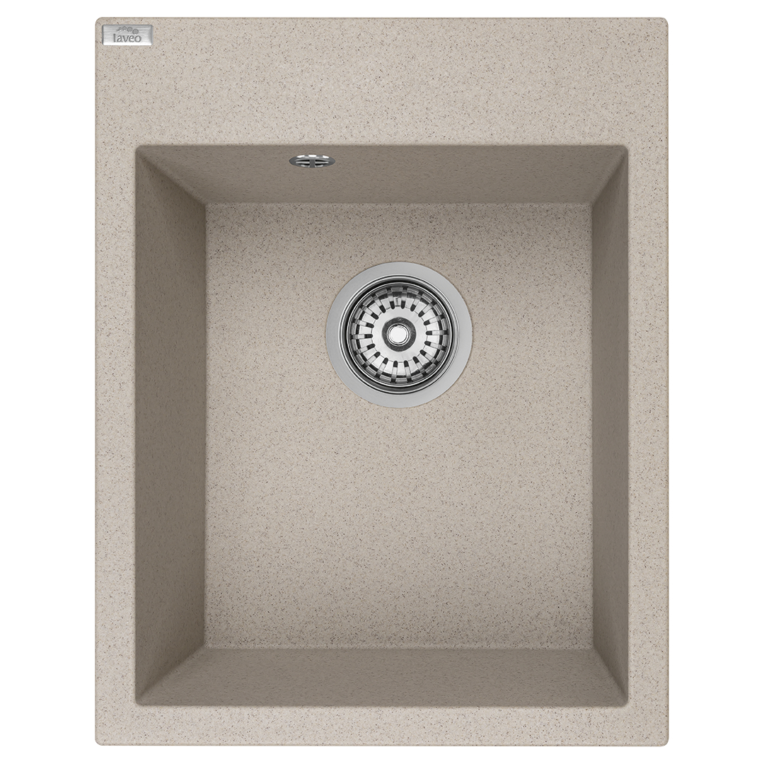 Top view of Laveo Monchichi single-bowl granite kitchen sink in Beach Sand – SBO_410Y