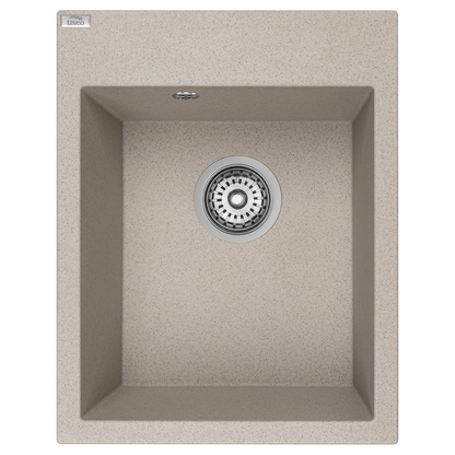 Top view of Laveo Monchichi single-bowl granite kitchen sink in Beach Sand – SBO_410Y
