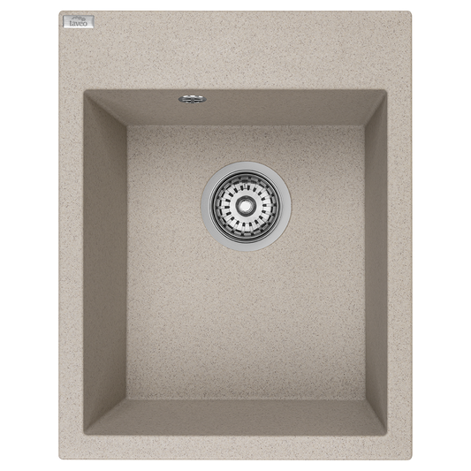 Top view of Laveo Monchichi single-bowl granite kitchen sink in Beach Sand – SBO_410Y