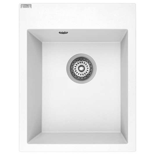 Top view of Laveo Monchichi single-bowl granite kitchen sink in White – SBO_610Y