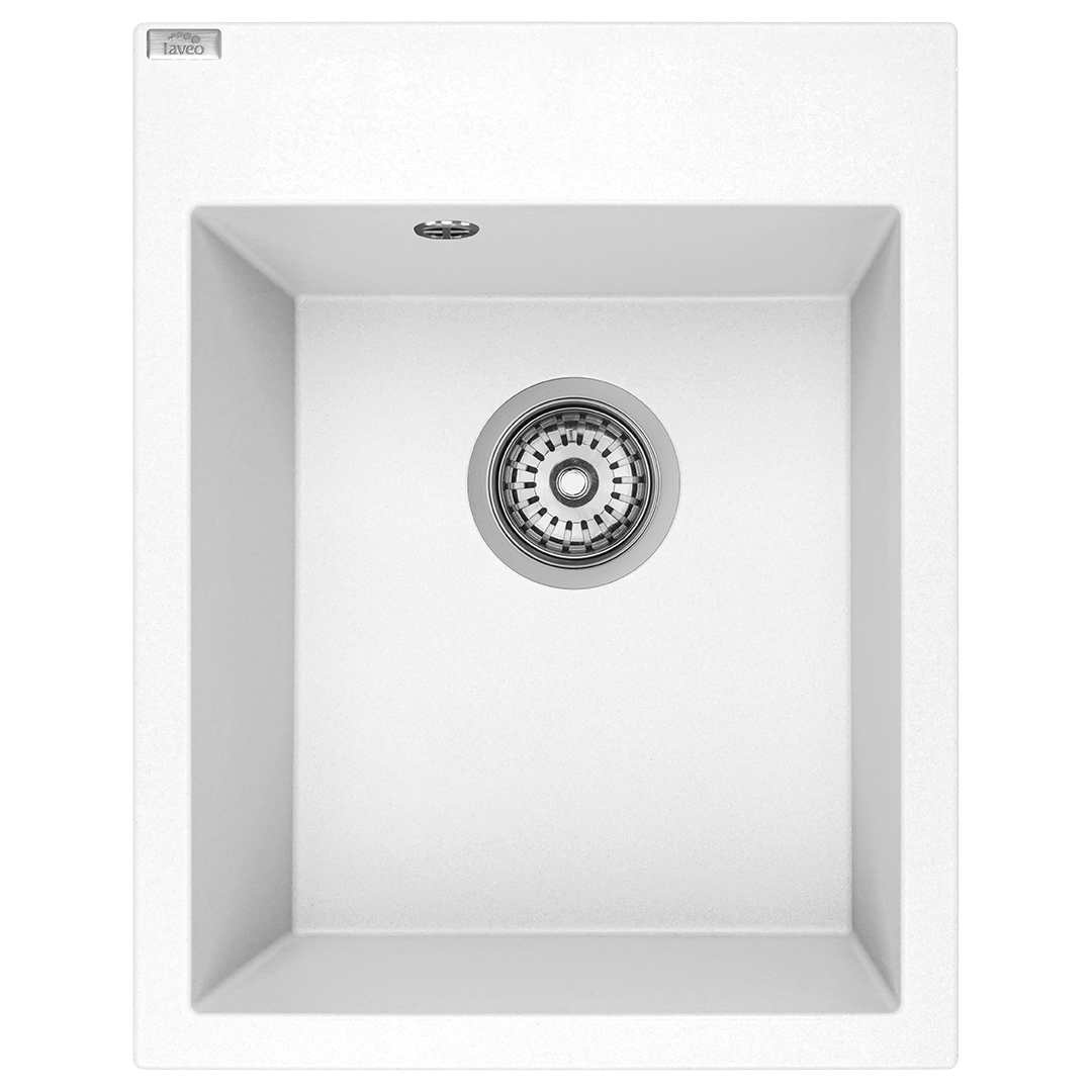 Top view of Laveo Monchichi single-bowl granite kitchen sink in White – SBO_610Y