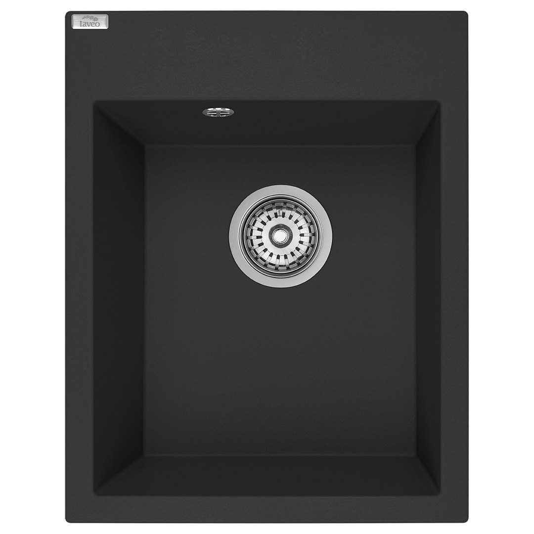 Top view of Laveo Monchichi single-bowl granite kitchen sink in Monochrome Black – SBO_710B