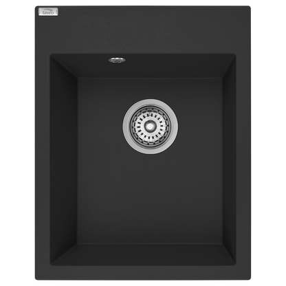 Top view of Laveo Monchichi single-bowl granite kitchen sink in Monochrome Black – SBO_710B