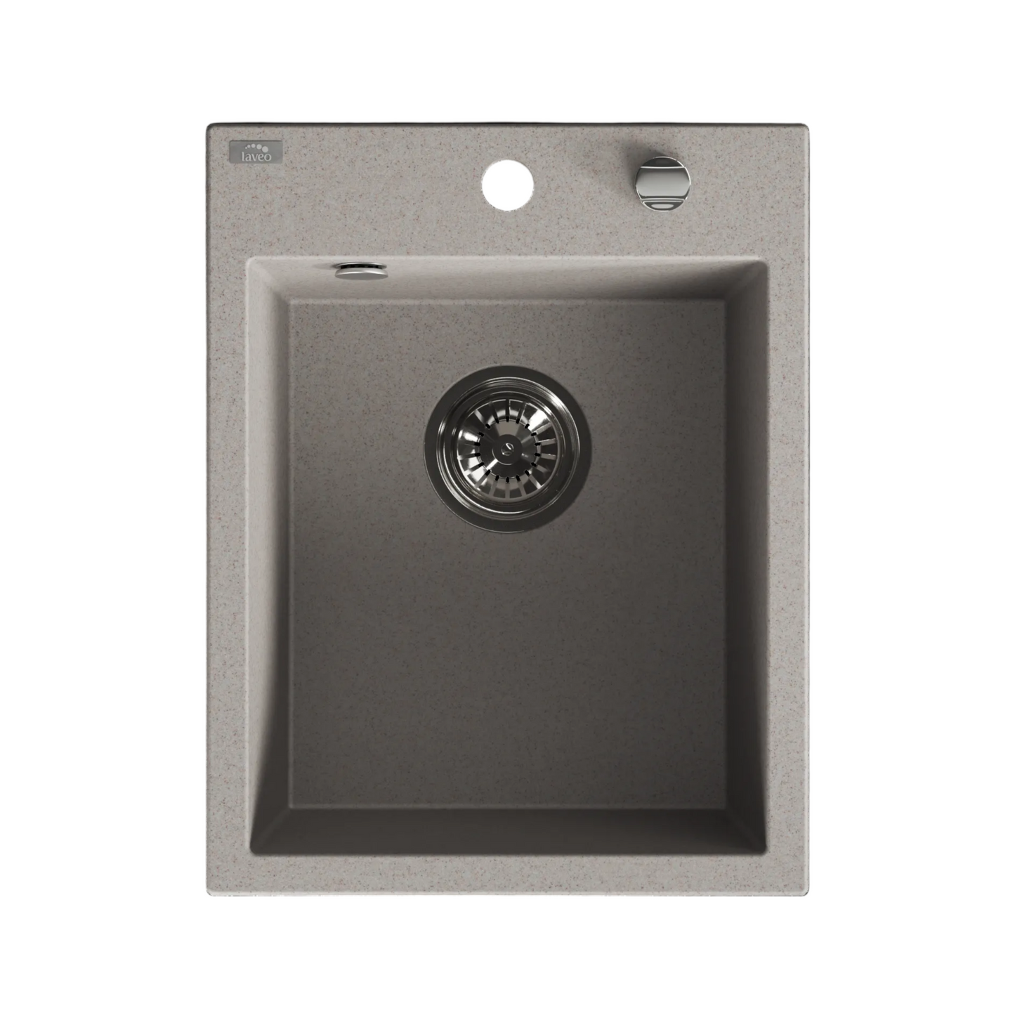 A square undermount kitchen sink with a matte dark gray interior and a light gray stone or composite outer frame, shown against a plain white background.