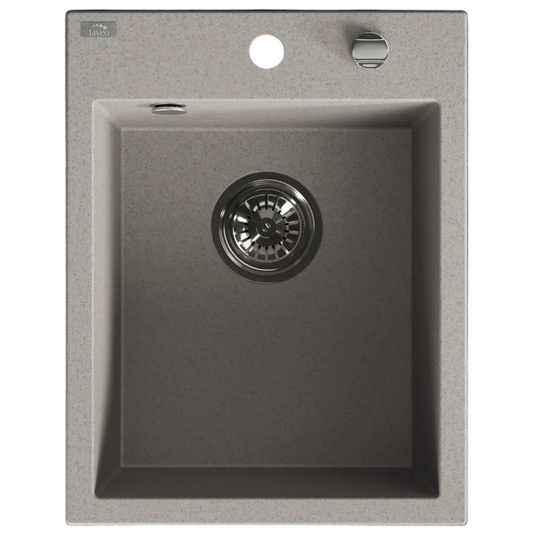 A square undermount kitchen sink with a matte dark gray interior and a light gray stone or composite outer frame, shown against a plain white background.