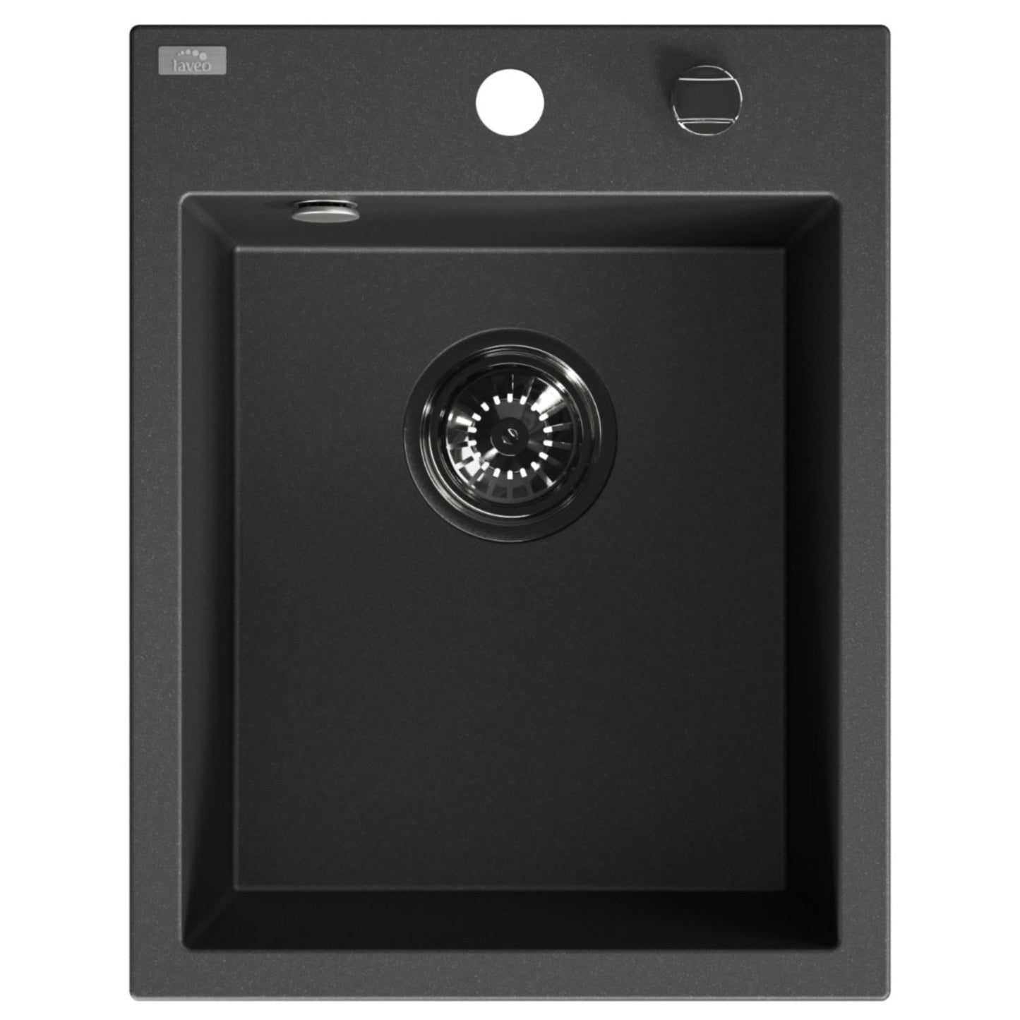 A matte black single-basin kitchen sink with a recessed drop-in basin and a circular drain, shown from a top-down perspective on a solid white background.