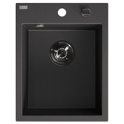 A matte black single-basin kitchen sink with a recessed drop-in basin and a circular drain, shown from a top-down perspective on a solid white background.
