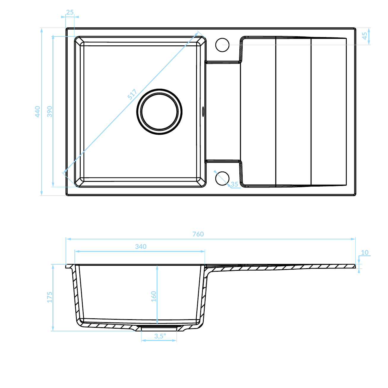 Technical drawing – Laveo Rab Granite Sink 1 Bowl with Drainer - Black – SBF_711Y