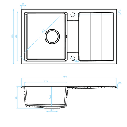 Technical drawing – Laveo Rab Granite Sink 1 Bowl with Drainer - Black – SBF_711Y