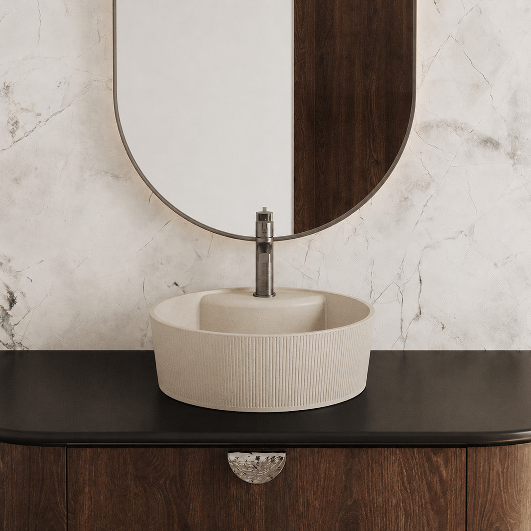 Laveo Cliff Grooved Granite Countertop Basin 360 mm - Beige – bathroom lifestyle view 1