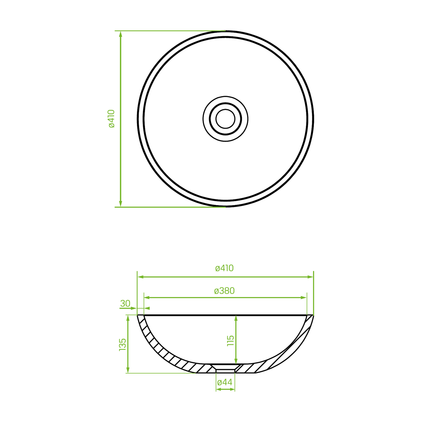 Technical drawing – Laveo Amber Granite Countertop Basin 410 mm - Jasmine – VGR1J21T