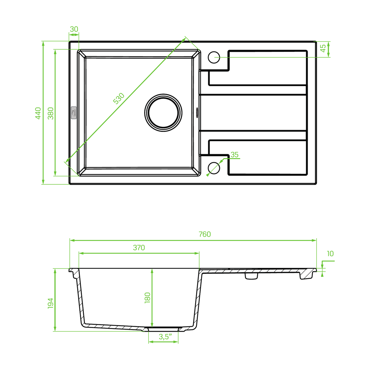 Technical drawing – Laveo Barbados Granite Sink 1 Bowl with Drainer - Black – SBB_711T