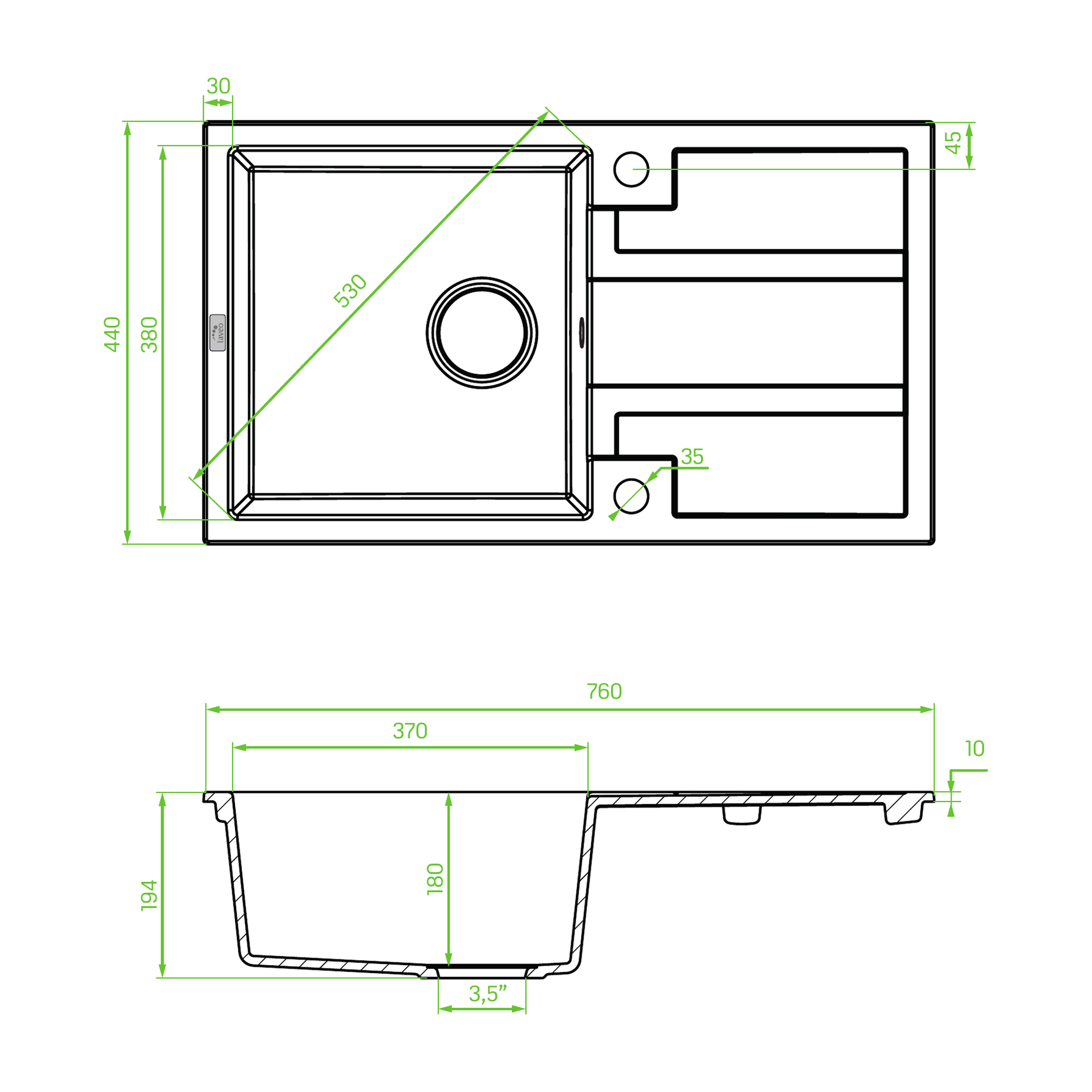Technical drawing – Laveo Barbados Granite Sink 1 Bowl with Drainer - Beach Sand – SBB_411T