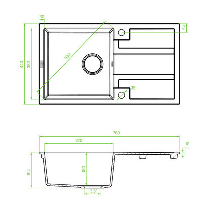 Technical drawing – Laveo Barbados Granite Sink 1 Bowl with Drainer - Monochrome Black – SBB_711B