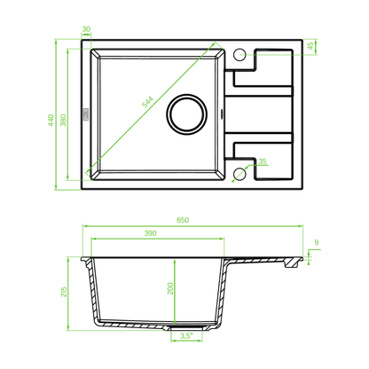 Technical drawing – Laveo Barbados Granite Sink 1 Bowl with Half Drainer - Black – SBB_713T