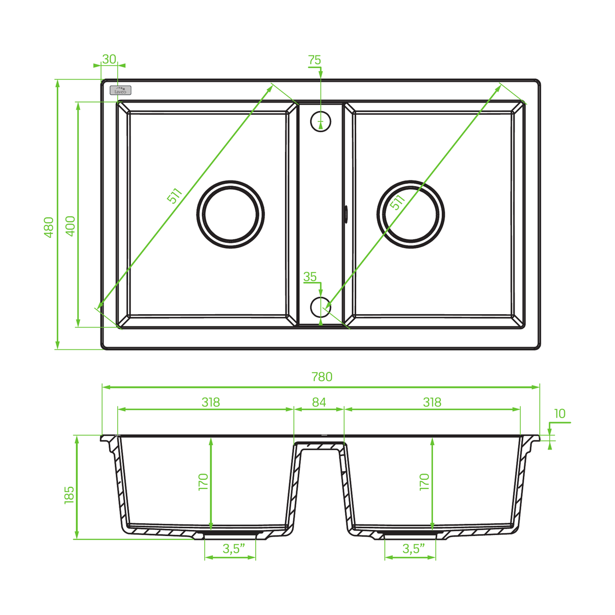 Technical drawing – Laveo Barbados Granite Sink 2 Bowl - Black – SBB_720T