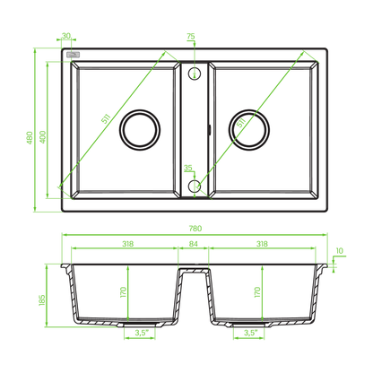 Technical drawing – Laveo Barbados Granite Sink 2 Bowl - Black – SBB_720T