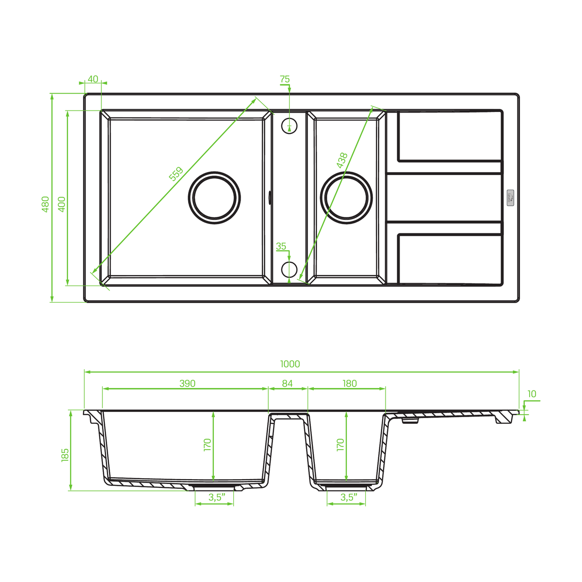 Technical drawing – Laveo Barbados Granite Sink 1.5 Bowl - Grey – SBB_531T