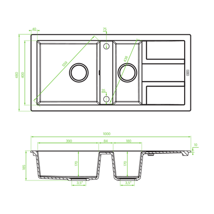 Technical drawing – Laveo Barbados Granite Sink 1.5 Bowl - Monochrome Black – SBB_731B