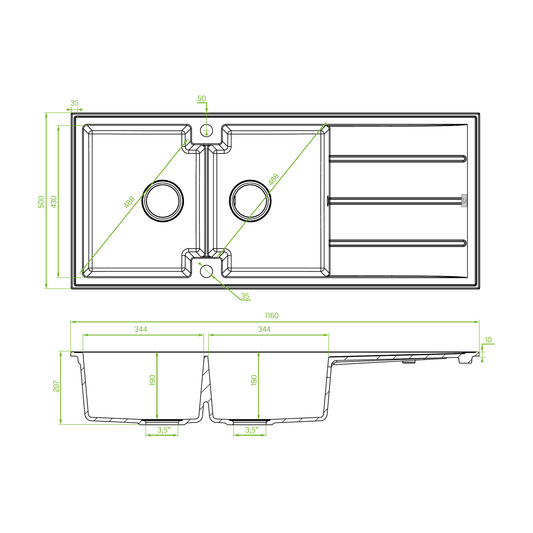 Technical drawing – Laveo Canaria Granite Sink 2 Bowl with Drainer - Black – SPC_721T