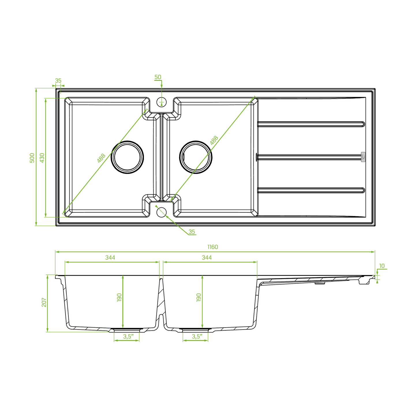 Technical drawing – Laveo Canaria Granite Kitchen Sink Double Bowl with Drainer 1160 mm - Jasmine – SPC_J21T