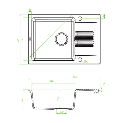 Technical drawing – Laveo Celia Granite Sink 1 Bowl with Half Drainer - Grey – SBC_513T