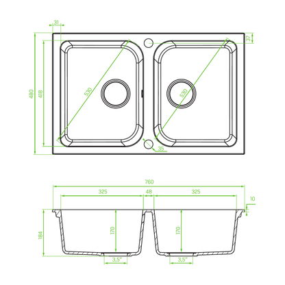 Technical drawing – Laveo Celia Granite Sink 2 Bowl - Monochrome Black – SBC_720B