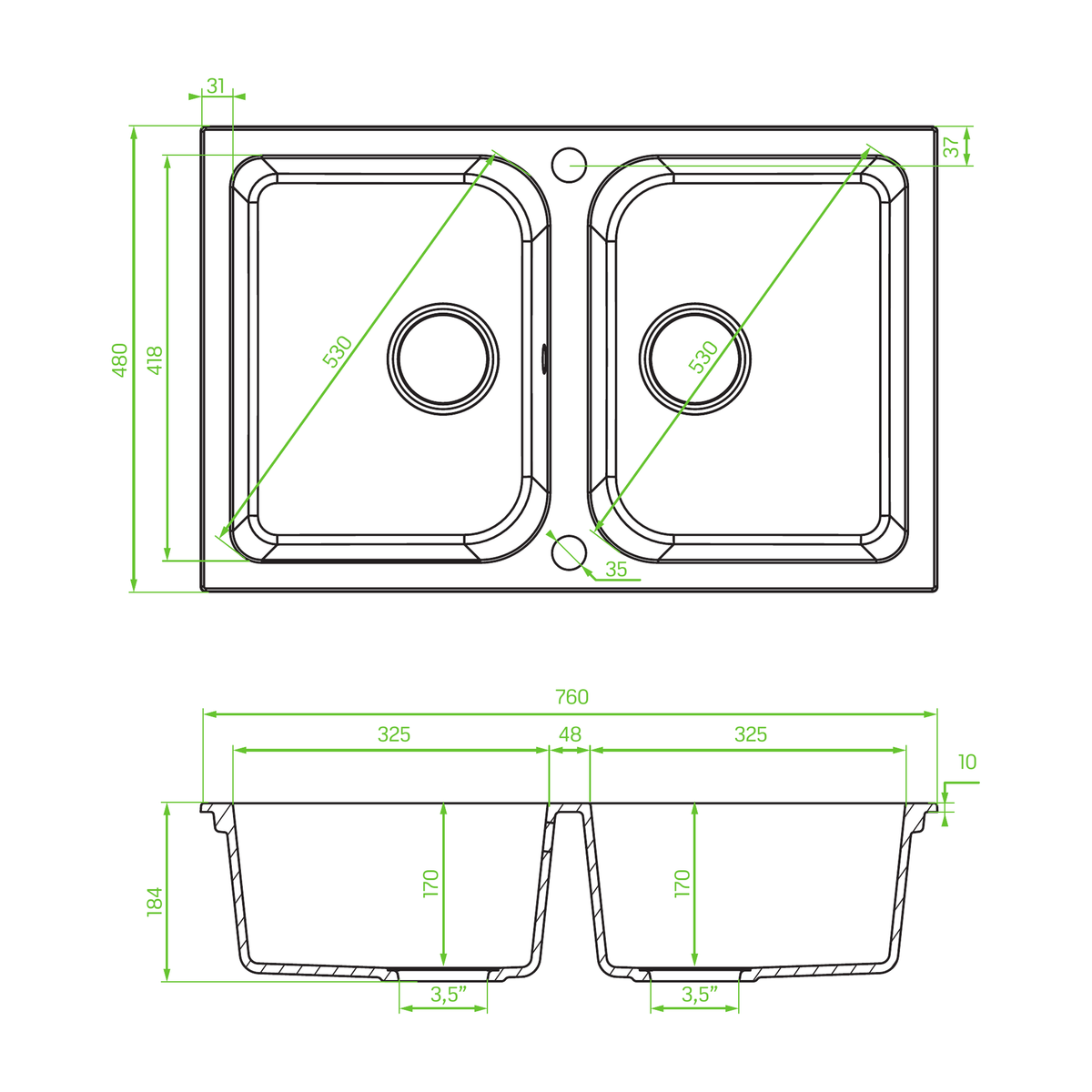 Technical drawing – Laveo Celia Granite Sink 2 Bowl - White – SBC_620T