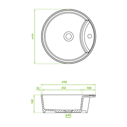 Technical drawing – Laveo Cliff Grooved Granite Countertop Basin 360 mm - Black – VGC1710T