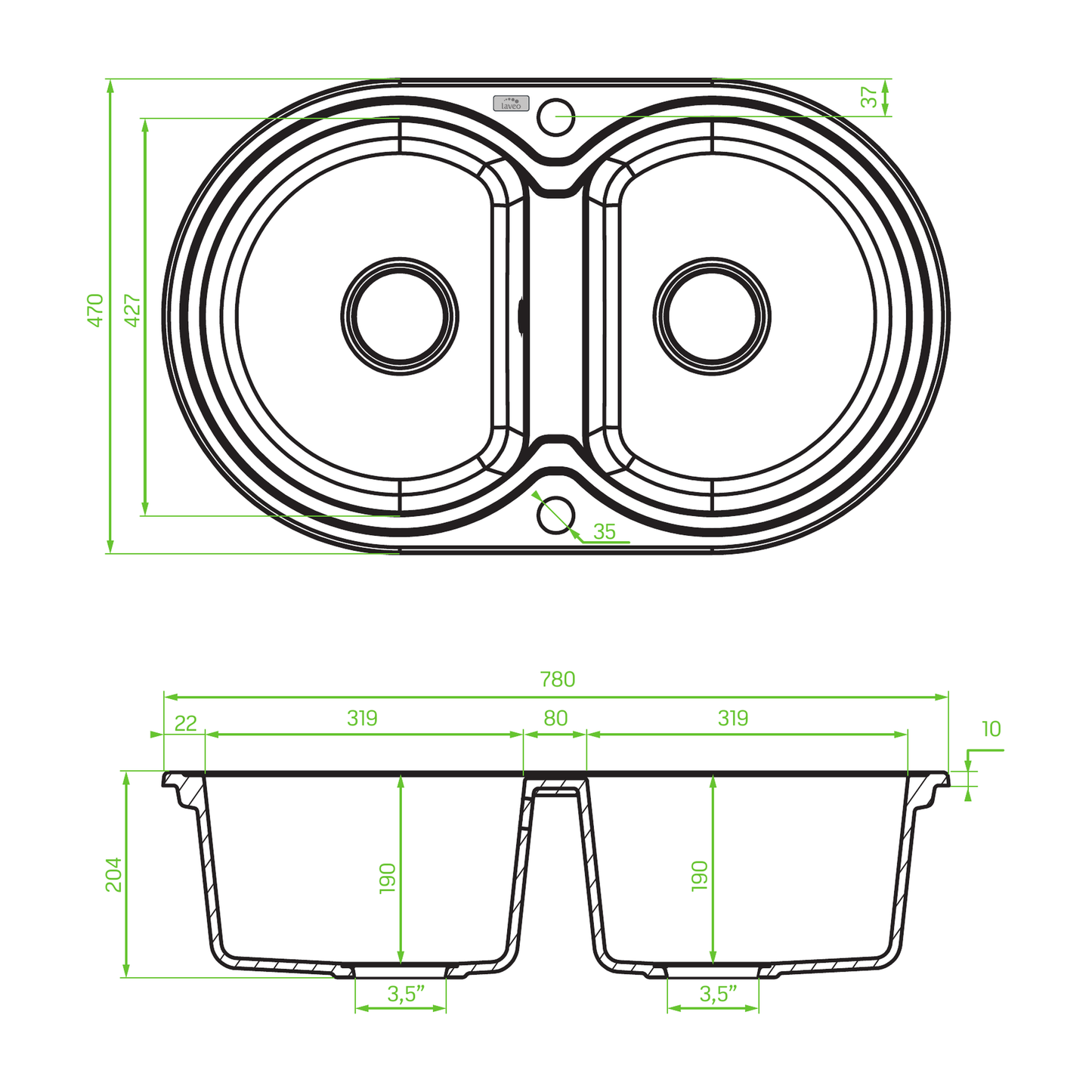 Technical drawing – Laveo Dafne Granite Sink 2 Bowl - Grey – SBD_520T