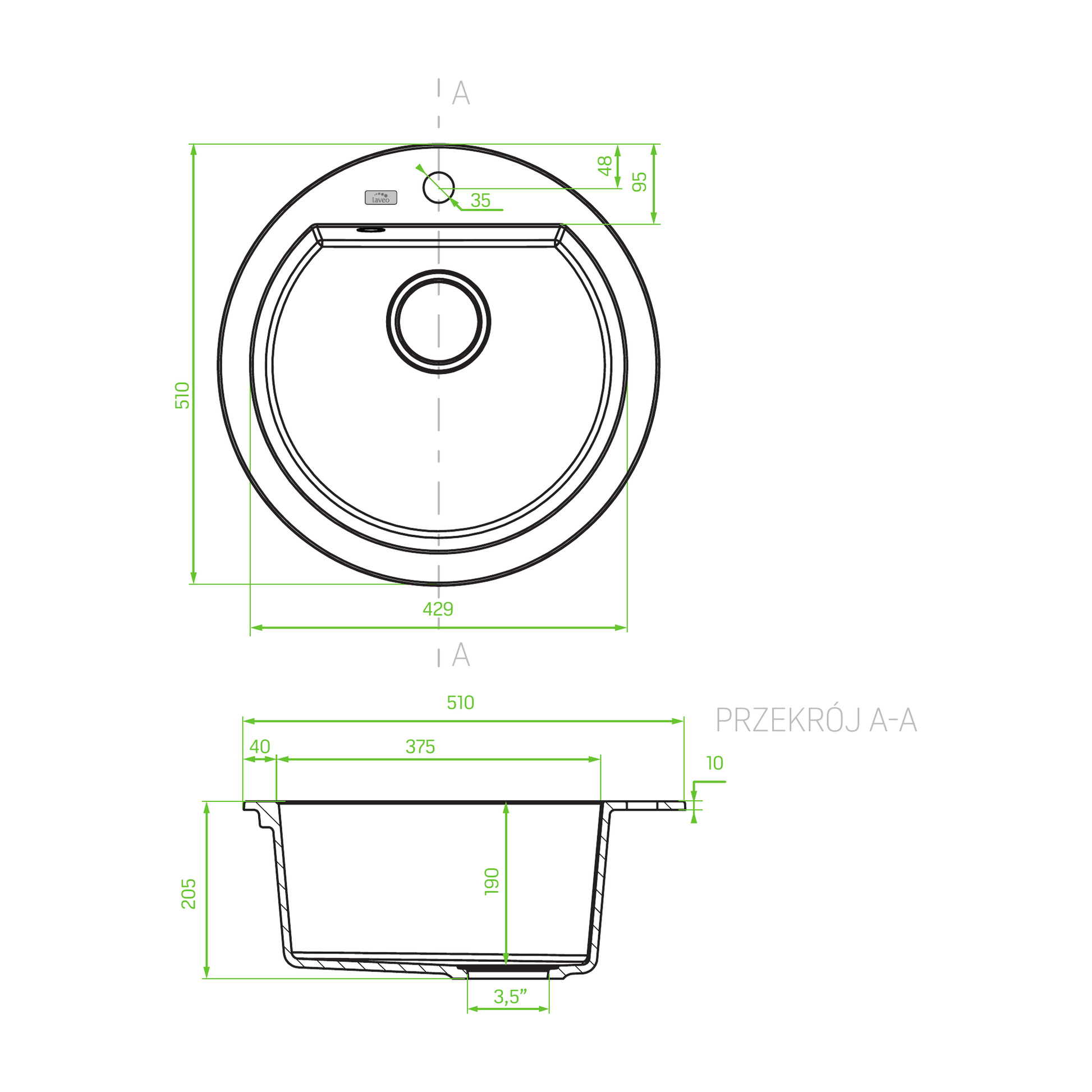 Technical drawing – Laveo Dafne Granite Sink 1 Bowl - Black – SBD_780T