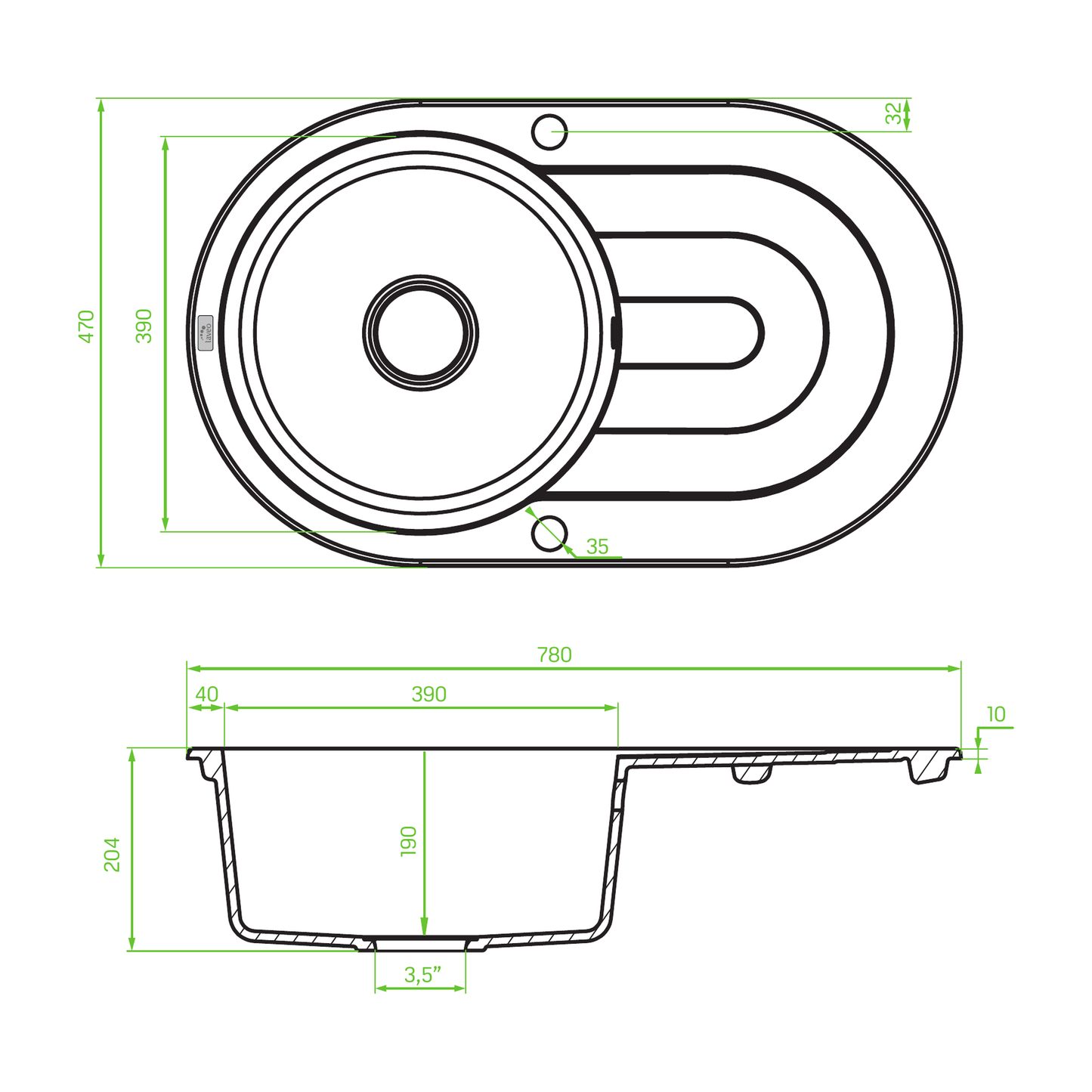 Technical drawing – Laveo Dafne Granite Sink 1 Bowl with Drainer - Grey – SBD_581T