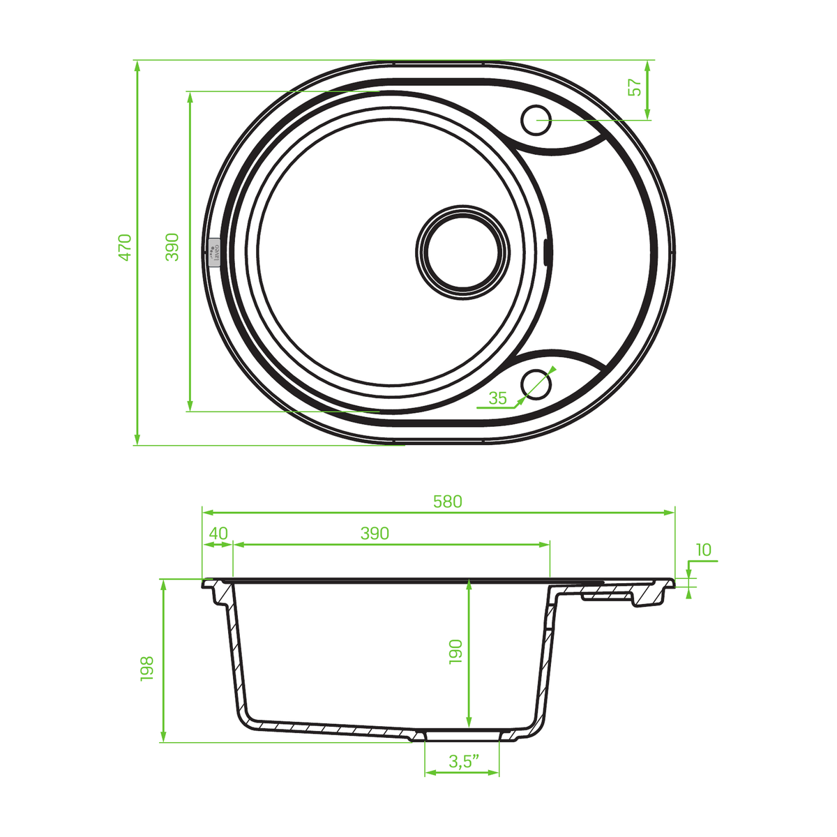 Technical drawing – Laveo Dafne Granite Sink 1 Bowl with Half Drainer - Beach Sand – SBD_483T