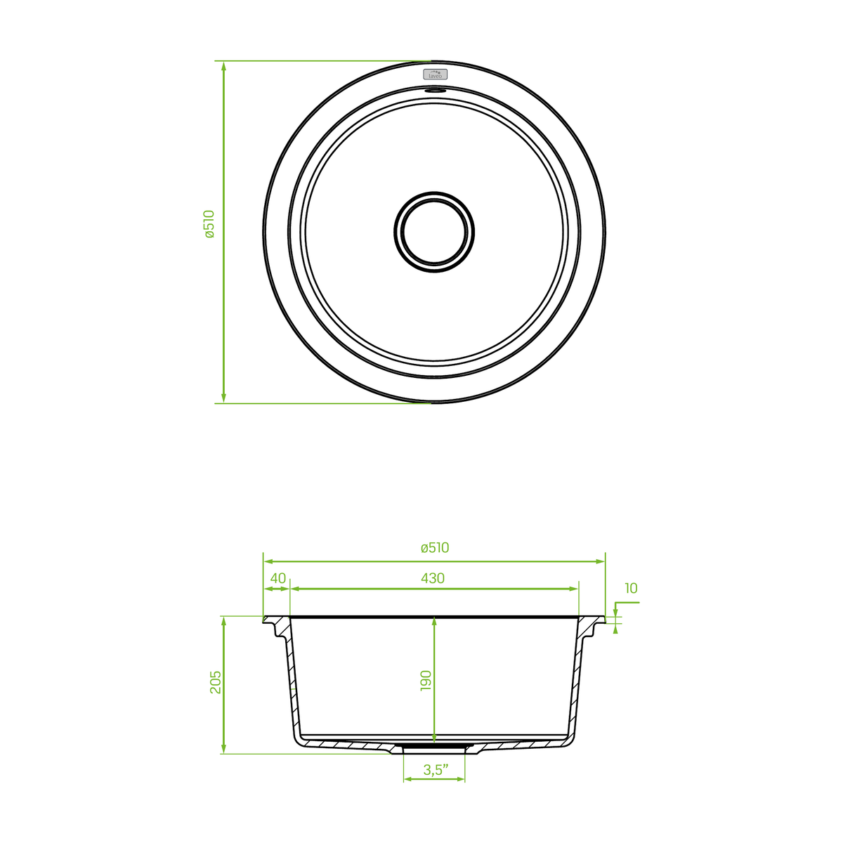 Technical drawing – Laveo Dafne Granite Sink 1 Bowl V2 - Black – SBD_788Y