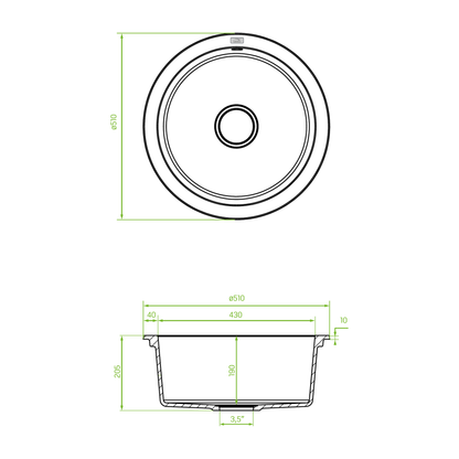 Technical drawing – Laveo Dafne Granite Sink 1 Bowl V2 - Black – SBD_788Y