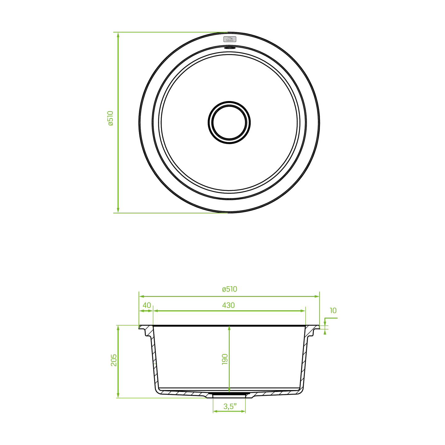 Technical drawing – Laveo Dafne Granite Sink 1 Bowl V2 - Beach Sand – SBD_488Y