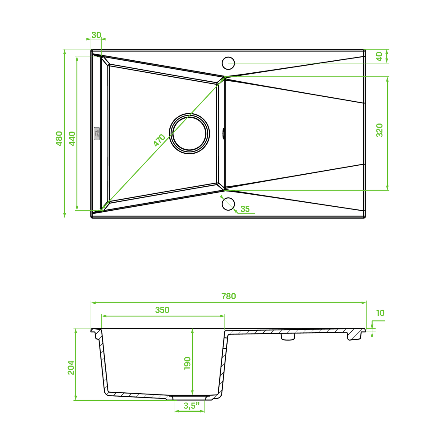 Technical drawing – Laveo Grenada Granite Sink 1 Bowl with Drainer - Beach Sand – SBG_411T