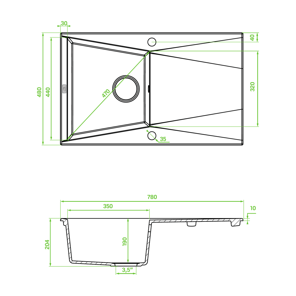 Technical drawing – Laveo Grenada Granite Sink 1 Bowl with Drainer - Beach Sand – SBG_411T