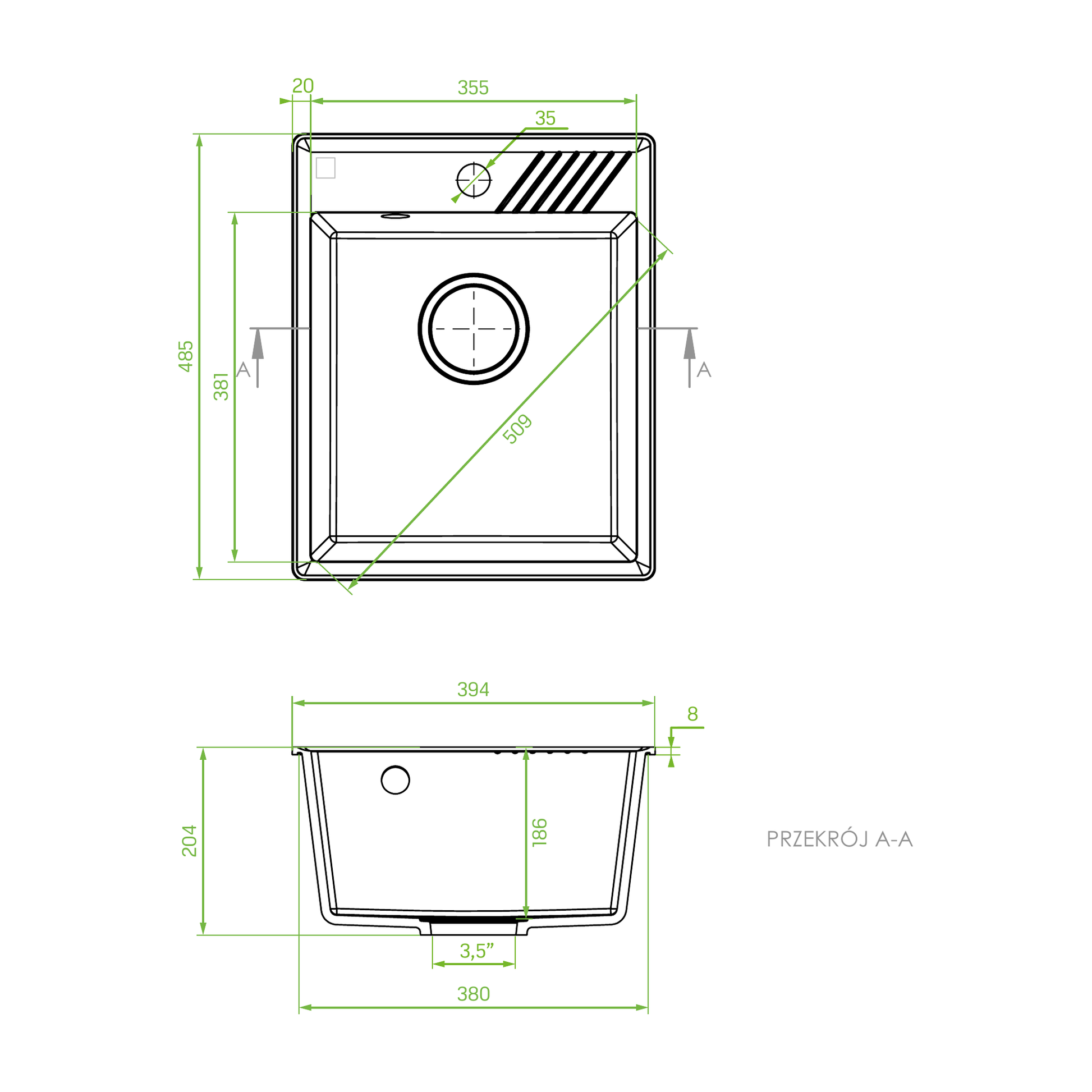 Technical drawing – Laveo Hub Granite Kitchen Sink Single Bowl 485 mm - Black – SPH_710Y