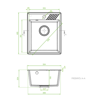 Technical drawing – Laveo Hub Granite Kitchen Sink Single Bowl 485 mm - Black – SPH_710Y