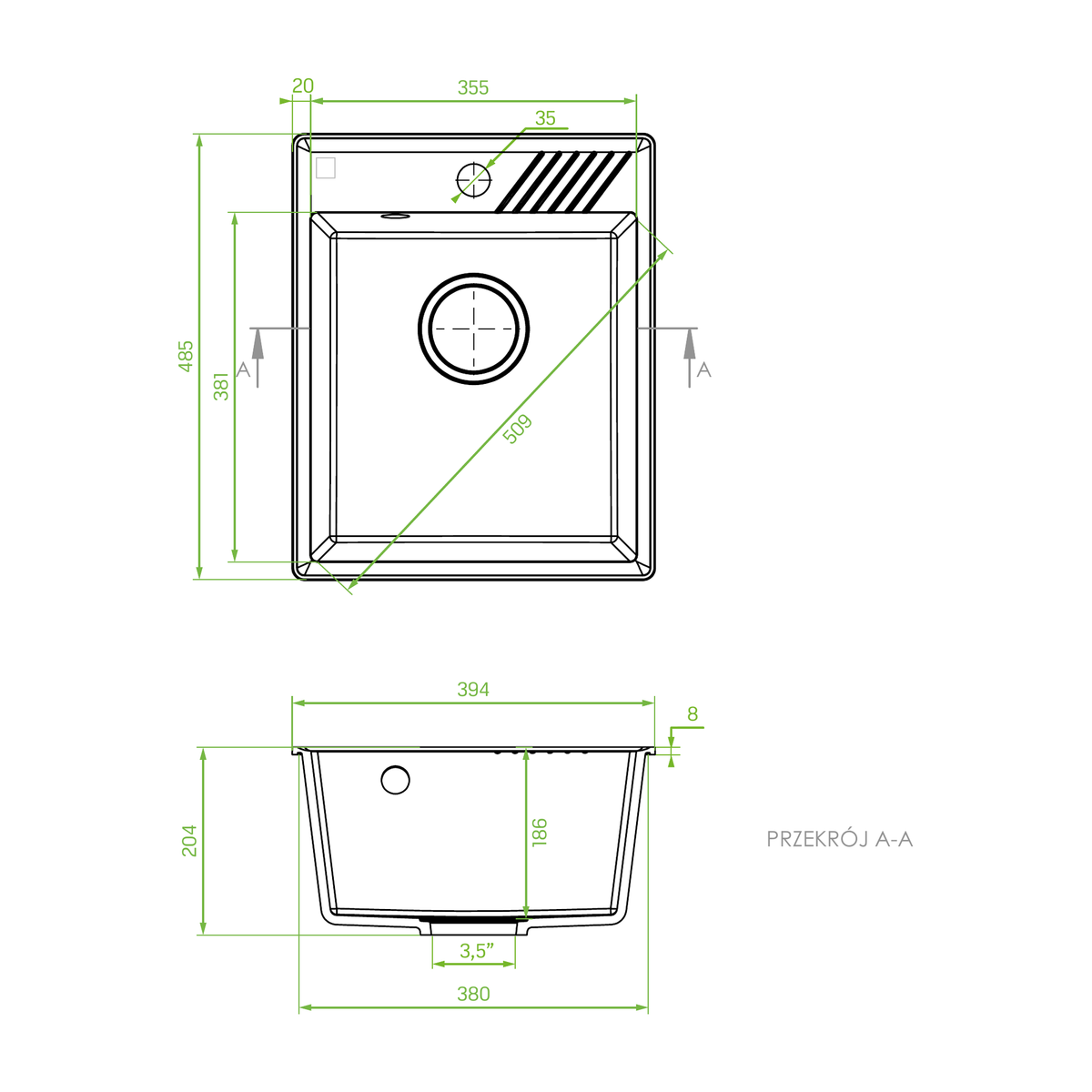 Technical drawing – Laveo Hub Granite Kitchen Sink Single Bowl 485 mm - Beige – SPH_410Y