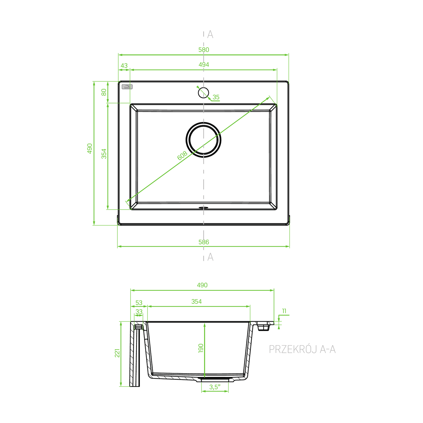 Technical drawing – Laveo Komodo Granite Sink 1 Bowl - Grey – SBK_510A