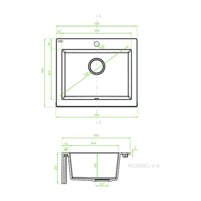 Technical drawing – Laveo Komodo Granite Sink 1 Bowl - Grey – SBK_510A